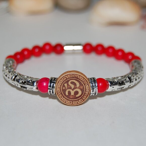 Om Bracelet,Yoga Bracelet,6mm Red Stone Beads,Magnetic Closure - Picture 1 of 2